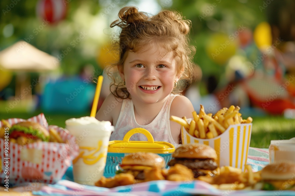 A young girl smiles happily while enjoying a picnic meal of burgers, fries, and a milkshake outdoors. A young girl smiles happily while enjoying a picnic meal of burgers, fries, and a milkshake outdoors.