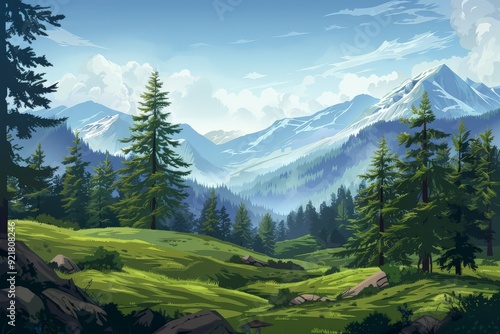 Beautiful mountain landscape with green pine tree forest and copy space illustration background