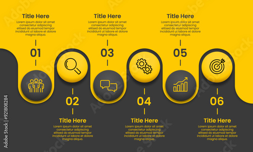 Horizontal infographic timeline 6 steps or options on Yellow and Black background. Milestone, Roadmap, Timeline, Comparative, Planning and Business presentation. Vector illustration.