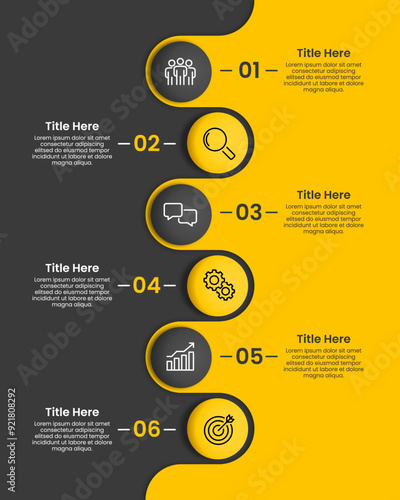 Vertical infographic timeline 6 steps or options on Yellow and Black background. Milestone, Roadmap, Timeline, Comparative, Planning and Business presentation. Vector illustration.