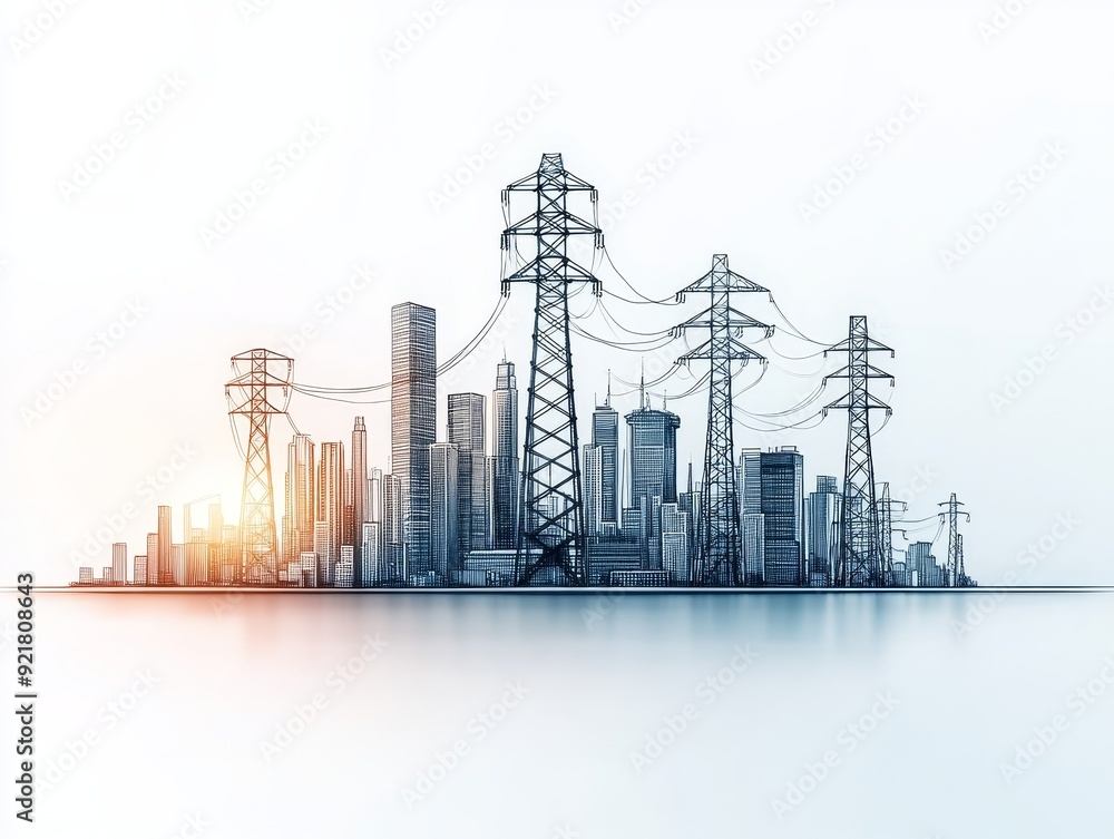 Modern city skyline with power lines and electric towers, symbolizing urban energy and infrastructure. Bright and clean background. Modern city skyline with power lines and electric towers, symbolizing urban energy and infrastructure. Bright and clean background.
