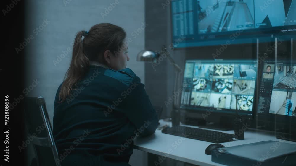 Female surveillance operator controls security cameras with face recognition in monitoring center using computer, talks on landline phone. CCTV footage on multiple monitors and big digital screen. Female surveillance operator controls security cameras with face recognition in monitoring center using computer, talks on landline phone. CCTV footage on multiple monitors and big digital screen.