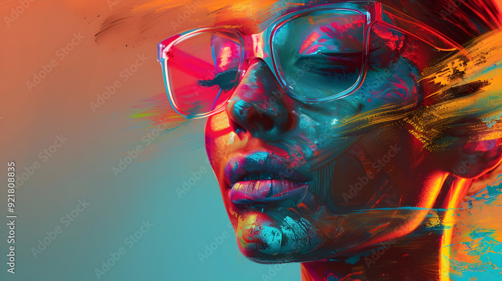 Abstract Illustration of a Woman's Face with Colorful Paint Splashes and Sunglasses Abstract Illustration of a Woman's Face with Colorful Paint Splashes and Sunglasses