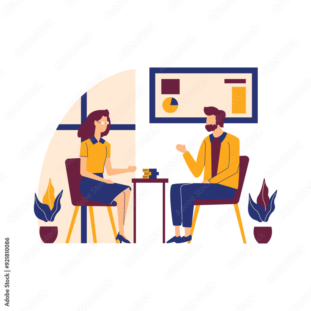Flat Design Illustration of Man and Woman Sitting While Discussing Talking at Office Flat Design Illustration of Man and Woman Sitting While Discussing Talking at Office