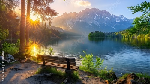 Gorgeous summer sunrise over the Eibsee Lake, framed by the Zugspitze Mountain Range, in a sunny outdoor scene in Bavaria, Germany, in the GermanAlps, Europe. photo