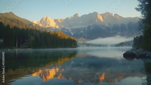 Gorgeous summer sunrise over the Eibsee Lake, framed by the Zugspitze Mountain Range, in a sunny outdoor scene in Bavaria, Germany, in the GermanAlps, Europe. photo