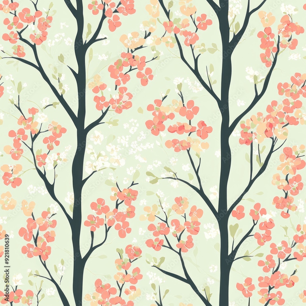 Seamless pattern of pastel cherry blossom trees with delicate pinks and soft greens Seamless pattern of pastel cherry blossom trees with delicate pinks and soft greens