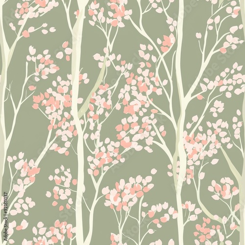 Wallpaper Mural Seamless pattern of pastel cherry trees with light pink blossoms and soft greens Torontodigital.ca