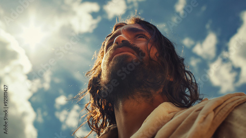 Serene man looking skyward with sunlight and clouds. photo