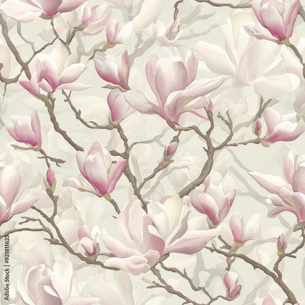 Seamless pattern of pastel magnolia tree textures with soft pinks and whites Seamless pattern of pastel magnolia tree textures with soft pinks and whites
