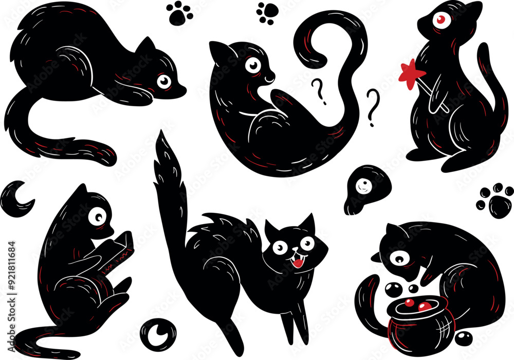 Obraz premium Cute black hand drawn cats in set. Collection of design elements: pretty graphic style kittens, cartoon baby animals, isolated witch pet in various poses. Vector illustration, Halloween stickers set.