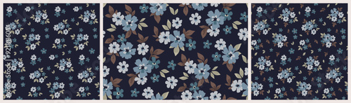 Seamless floral pattern, liberty ditsy print, abstract ornament in autumn, winter vintage motif. Botanical design: small hand drawn flowers, tiny leaves, simple mini dark bouquets. Vector illustration
