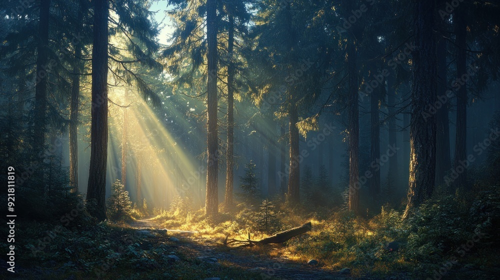 Obraz premium Sunbeams Illuminating a Forest Path Through Tall Pine Trees