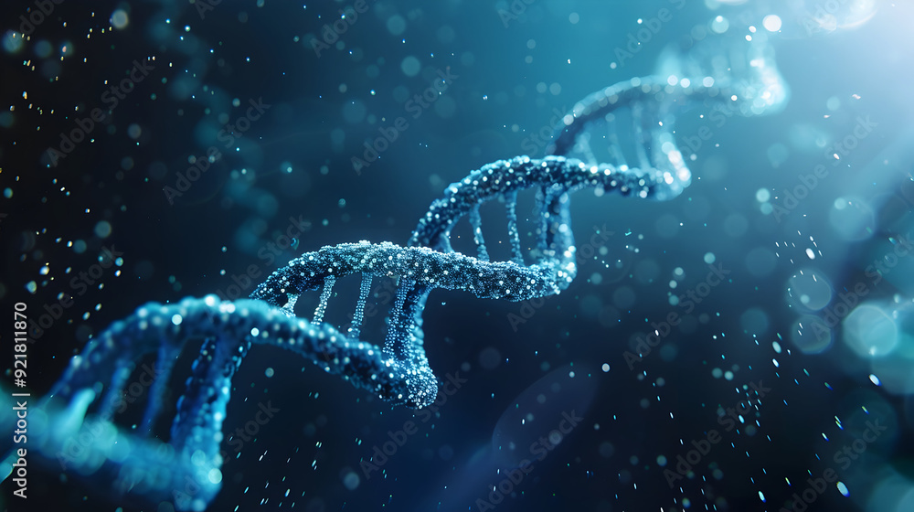 3D Render of a Blue DNA Strand Illustration with Blue Bokeh Background 3D Render of a Blue DNA Strand Illustration with Blue Bokeh Background