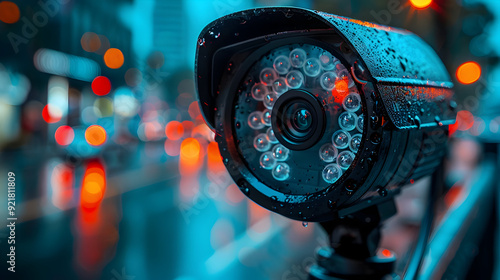 Security Camera in the Rain - Wet CCTV Surveillance Night Photography