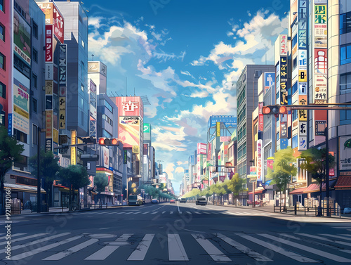 anime background illsutration, atmosphere of a empty street in the middle of a beautiful city