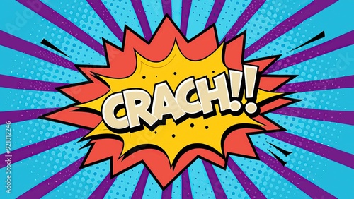 Colorful cartoon comic book explosion background with text 'Crach!!'