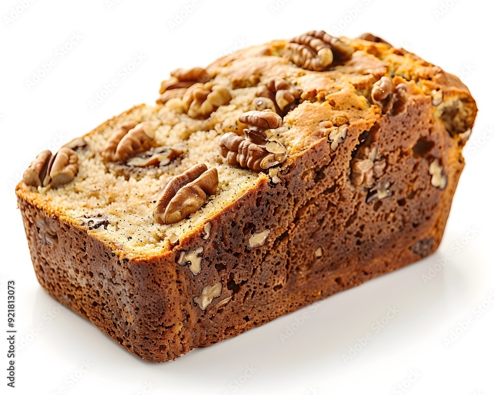 Moist Banana Bread Slice with Walnuts on White Background Moist Banana Bread Slice with Walnuts on White Background