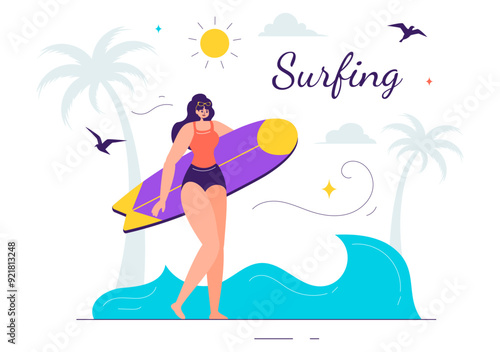 Summer Surfing Vector Illustration of Water Sports Activities, Featuring Surfboards Riding Ocean Waves or Floating in a Flat Style Cartoon Background