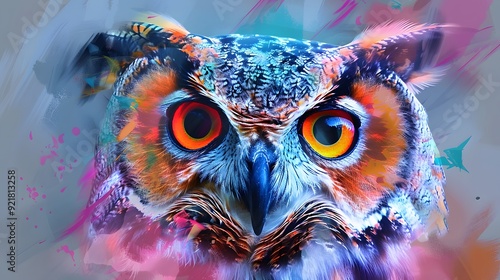 A close up of an owl's face with orange eyes set against a colorful abstract background. photo