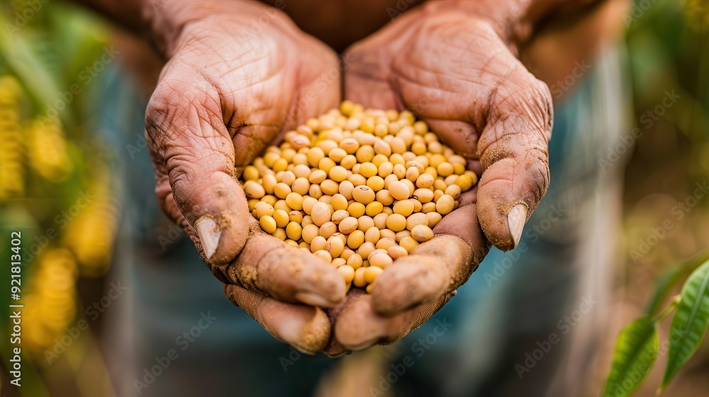 Hands of Peasant Harvesting Soy Beans on Farm Field Hands of Peasant Harvesting Soy Beans on Farm Field