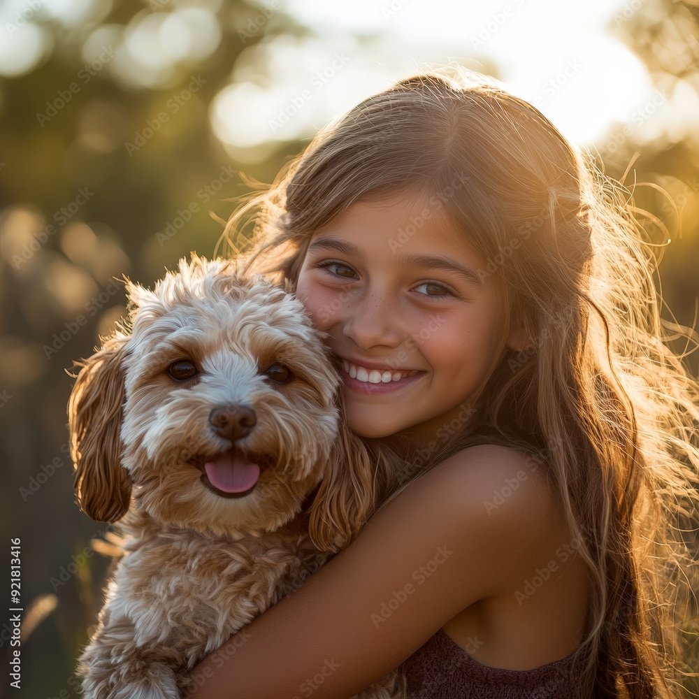 Joyful Girl Embracing Fluffy Dog in Sunny Outdoor Scene Joyful Girl Embracing Fluffy Dog in Sunny Outdoor Scene