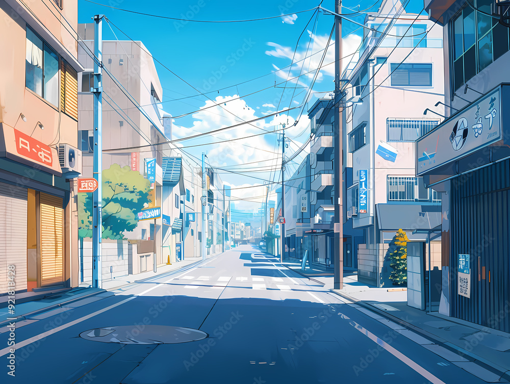 anime background illsutration, atmosphere of a empty street in the middle of a beautiful city anime background illsutration, atmosphere of a empty street in the middle of a beautiful city