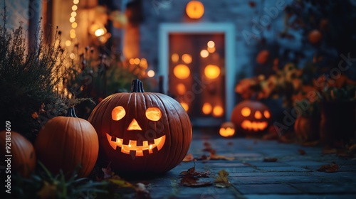 House with Halloween Pumpkins and Decorations at Night