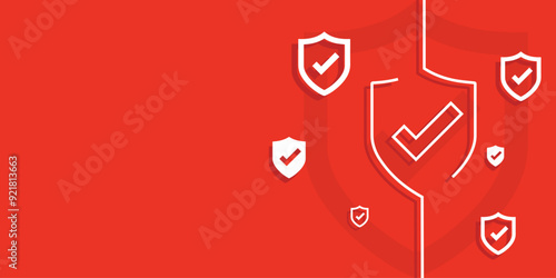 Secure technology. Polygonal wireframe shield with check mark sign on red. Secure service, protect data, cyber shield, antivirus solution, internet safety, firewall system, privacy concept
