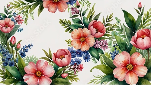 Oil painting watercolor cartoon cute flora and fauna, white background