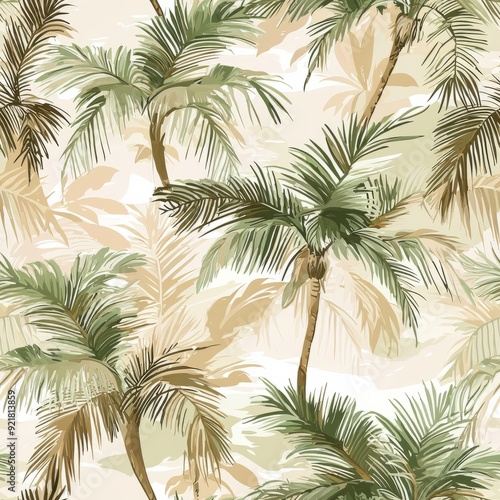 Seamless pattern of pastel palm tree textures with soft sandy beiges and greens
