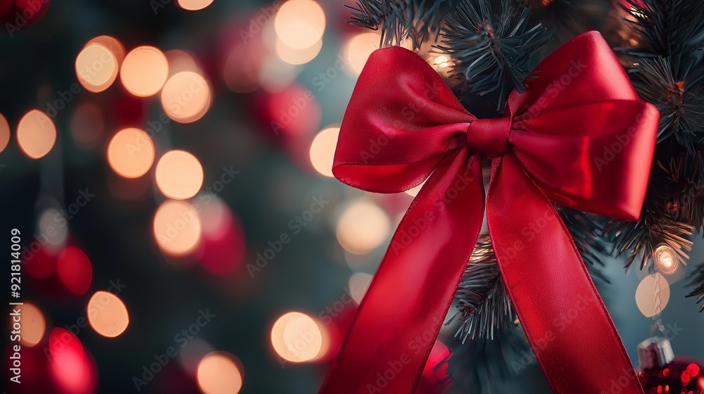 Elegant Red Ribbon Bow on Christmas Tree with Festive Lights and Decoration Elegant Red Ribbon Bow on Christmas Tree with Festive Lights and Decoration
