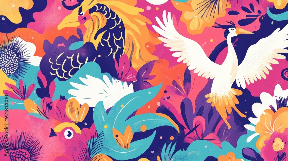 Whimsical abstract pattern with lucky animals such as the lion, dragon, and crane, with a vibrant background and space for text Whimsical abstract pattern with lucky animals such as the lion, dragon, and crane, with a vibrant background and space for text