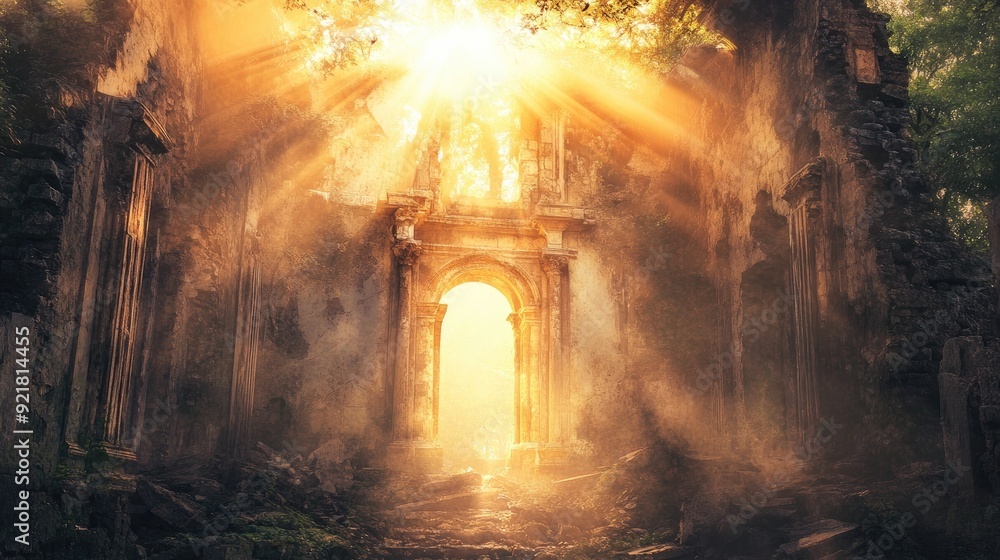 Sunlight breaking through ancient ruins, representing the power of belief and the light of new beginnings Sunlight breaking through ancient ruins, representing the power of belief and the light of new beginnings