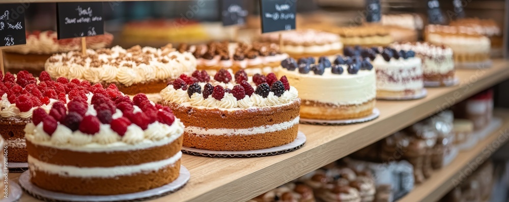 Bakery section with beautifully decorated cakes in a supermarket, supermarket, artisan baking Bakery section with beautifully decorated cakes in a supermarket, supermarket, artisan baking