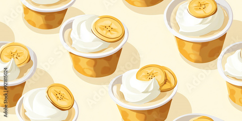 Banana pudding cups with vanilla wafers and whipped cream, set against a light yellow background, seamless pattern