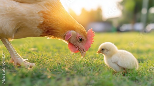 A hen and her chick interact gently in a lush green field as the sun sets, creating a warm atmosphere filled with soft light.