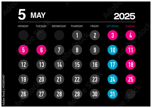 2025年の5月のカレンダー月曜始まり