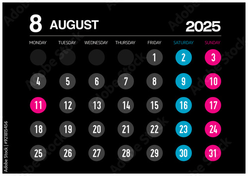 2025年の8月のカレンダー月曜始まり