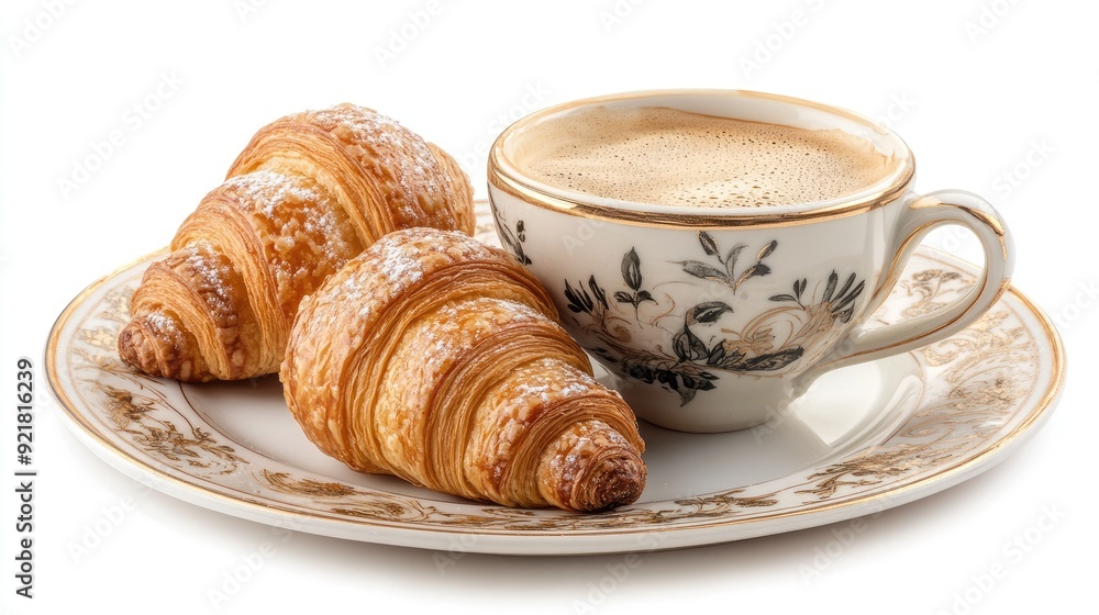 A plate of croissants and a cup of coffee. The croissants are covered in powdered sugar and the coffee is steaming A plate of croissants and a cup of coffee. The croissants are covered in powdered sugar and the coffee is steaming