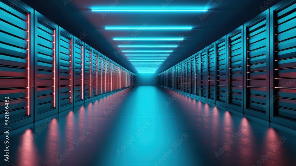 Fototapeta premium A large database server room with rows of servers processing big data for supply chain optimization and analytics.