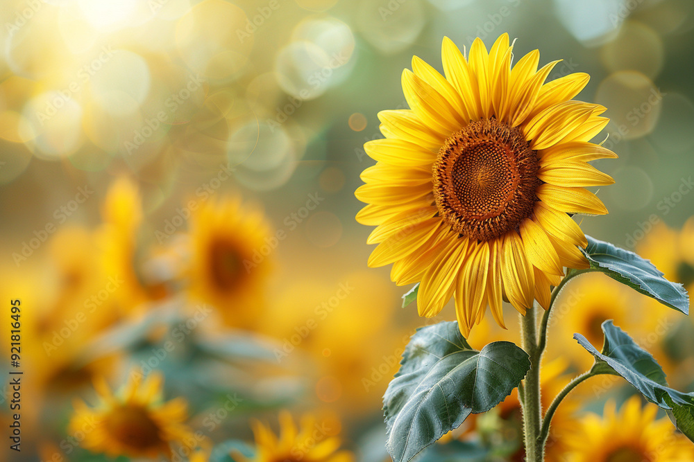 Fototapeta premium Sunflower on blurred sunny nature background. Horizontal agriculture summer banner with sunflowers field 