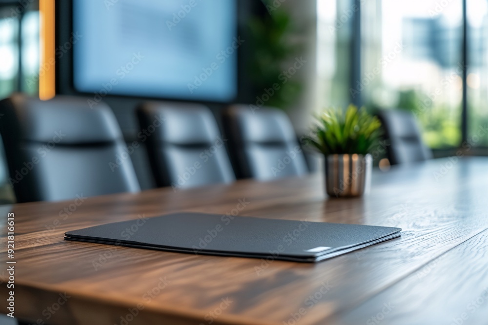 Modern Office Meeting Table with Black Folder and Green Plant. Modern Office Meeting Table with Black Folder and Green Plant.