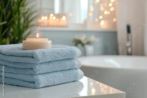 Stack of clean towels on table in bathroom. Mockup for design