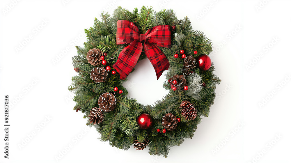 A red and white wreath with a red ribbon and pine cones A red and white wreath with a red ribbon and pine cones