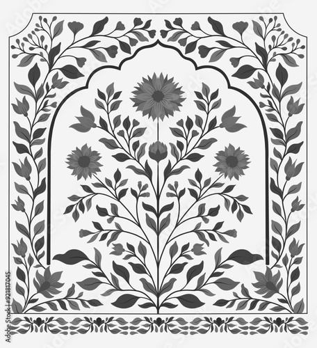 Mughal decorative ornamental floral. Vintage intricate traditional mughal style with flowers and foliage.
