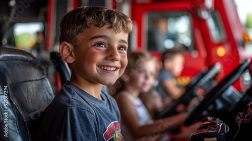 Happy Boy Sitting in Fire Truck Cab.