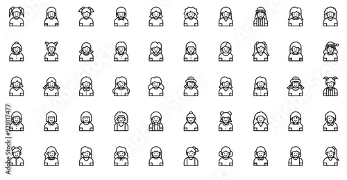 Set Of Linear Girl Avatars Vector Symbols Apps, Websites Ui Designs Suitable For Kid,Avatar,Girl,Children,Child Pictograms And Infographics Design Elements Vector Illustration