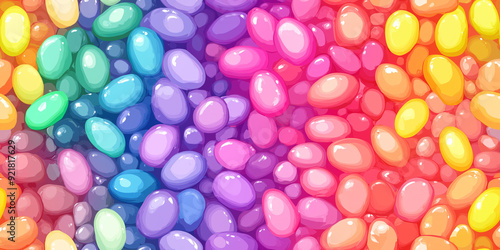 Jelly beans in a spectrum of colors, each one perfectly smooth and shiny, like tiny candies, seamless pattern