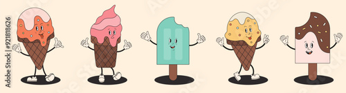 Ice cream sweet characters collection in retro groovy style. Ice cream in cones, popsicle with toppings. Cute set of funny Hippy Ice cream personage. Cheerful summer delicacy, tasty colorful gelatos.